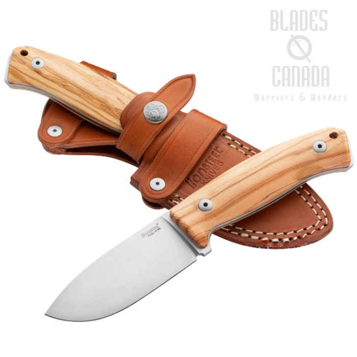 Lion Steel M2M UL Fixed Blade Knife, M390 Satin, Olive Wood, Leather Sheath